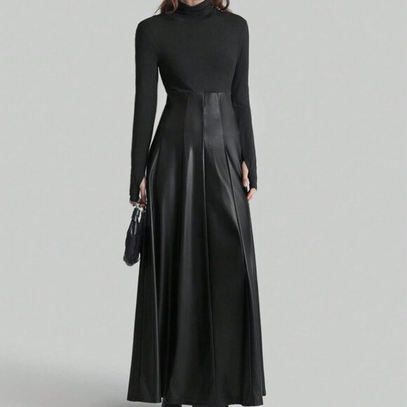 Black Elegant Women's solid upper with Faux Leather bottom Maxi Party Dress - Picture 5 of 8